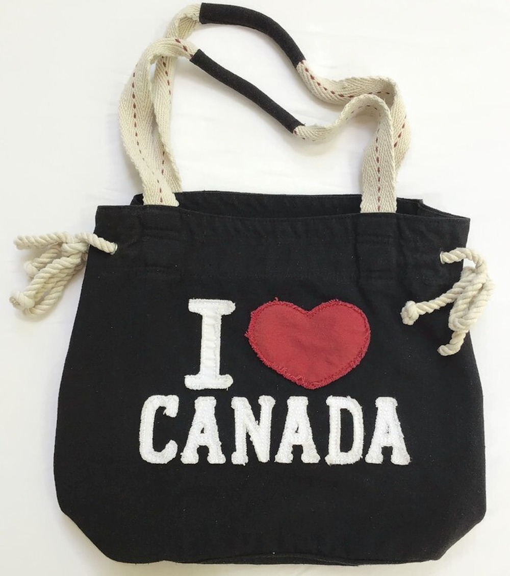 Babazoo I Love Heart Canada Canvas Tote Bag Black Straps Drawstring Purse